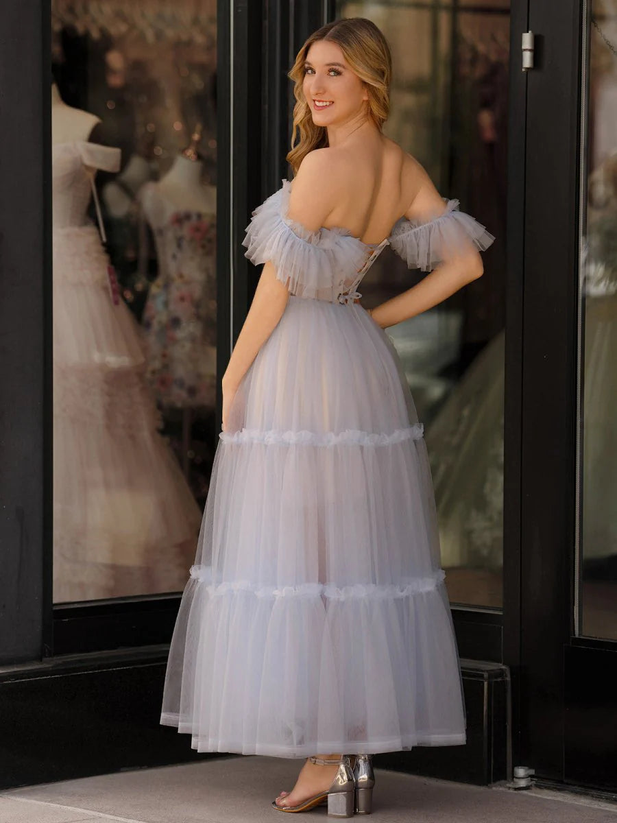 Dreamy Romantic Ethereal Tiered Tulle Off-the-Shoulder Sweetheart Neck Ruffled Tulle Sleeve Lace-Up Corset Back Midi Length Prom Dress