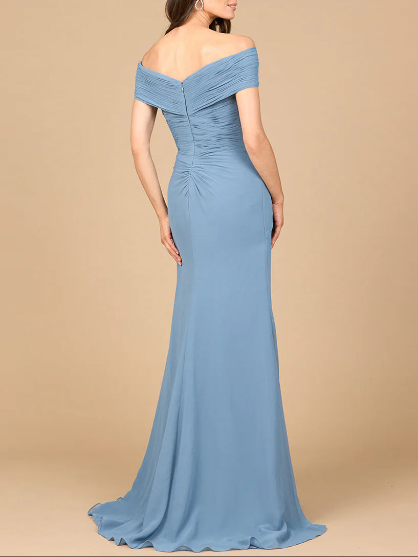 Dusty Blue Off-The-Shoulder Ruched Bodice Floral Applique Draped Mermaid Chiffon Mother of the Bride Dresses