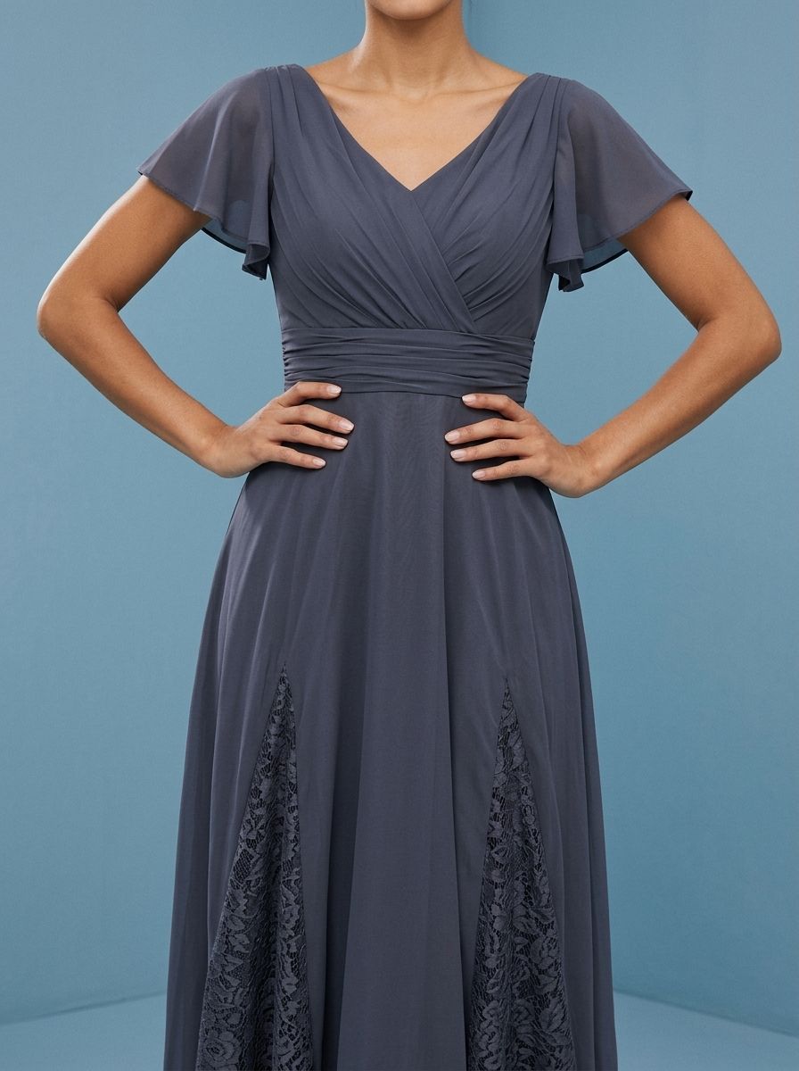 Dusty Blue A-line V Neck Flutter Sleeve High Low Lace Trim Chiffon Bridesmaid Dress