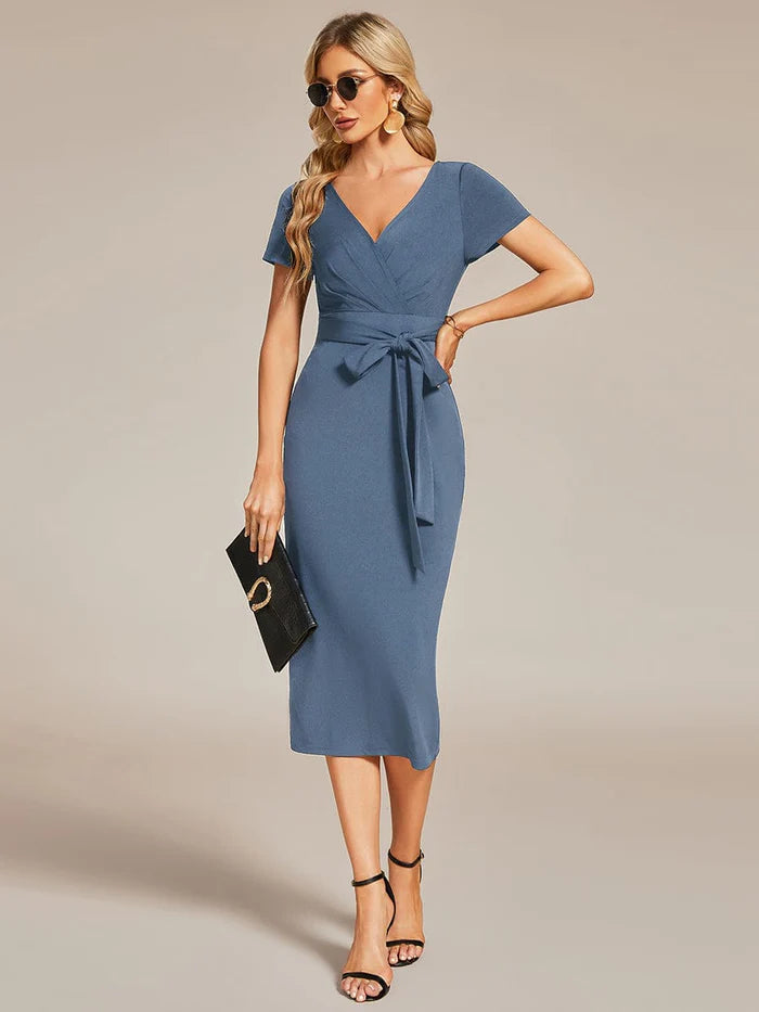 knee length dresses for ladies Short Sleeves V-Neck Tie-Waist Sheath Wedding Guest Dress – LD Dress