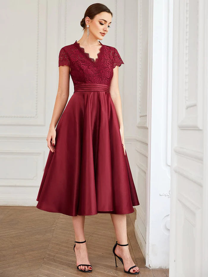 Romantic V-neck Lace Bodice Wedding Guest Dress with Pockets LD Dress Romantic V-neck Lace Bodice Wedding Guest Dress with Pockets LD Dress