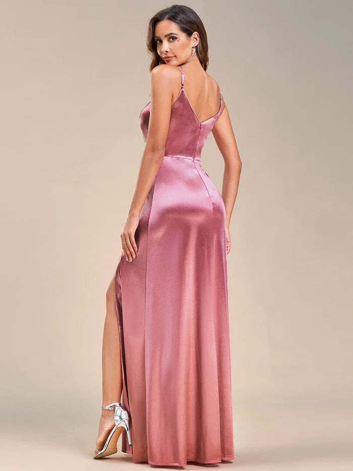 Spaghetti Straps High Stretch V-Neck Sleeveless Satin Evening Dress
