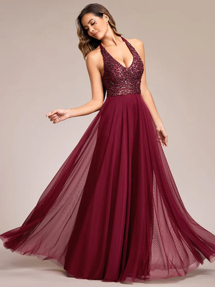 slim fit dress slacks Sequin Halter Neck Top A-Line Backless Evening Dress with Tulle – LD Dress