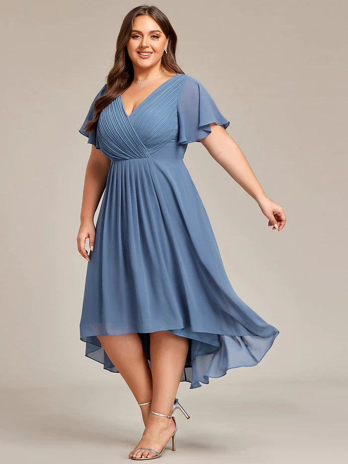 Plus Size Double V-Neck Ruffles Sleeve Chiffon Midi Wedding Guest Dress