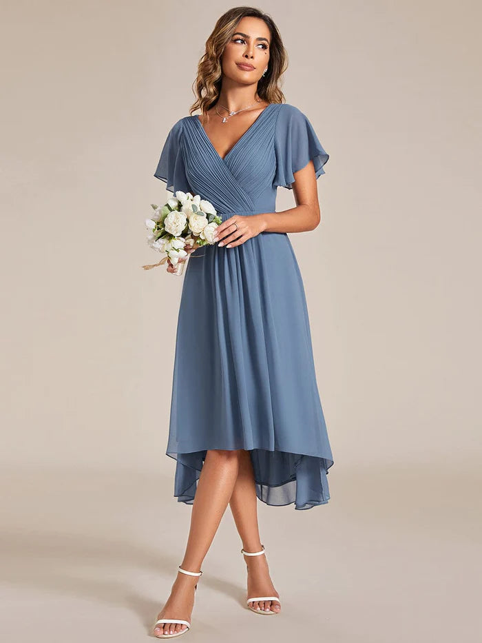Chic V Neck Asymmetrical Hem Ruffles Sleeve Pleated Chiffon Wedding Gu LD Dress Chic V Neck Asymmetrical Hem Ruffles Sleeve Pleated Chiffon Wedding Gu LD Dress