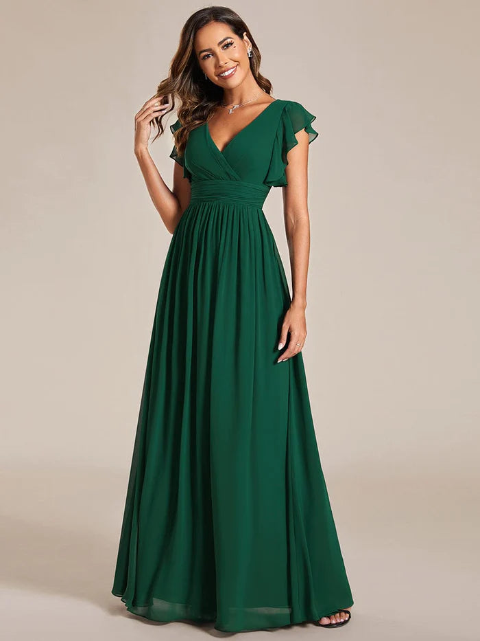 Back Cutout A-Line Pleated Ruffles Sleeve Chiffon Bridesmaid Dress – LD  Dress