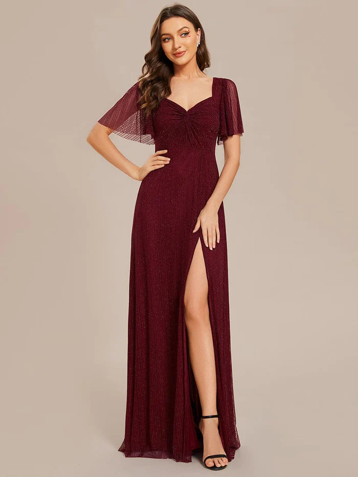Glittery A-Line High Slit Waist Short Sleeves Back Lace-Up Bridesmaid Dress