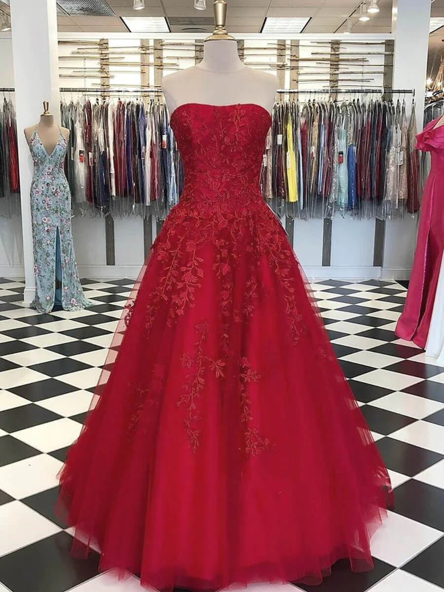 Elegant A Line Ligth Blue Tulle Long Strapless Lace Prom Dresses With with Appliques