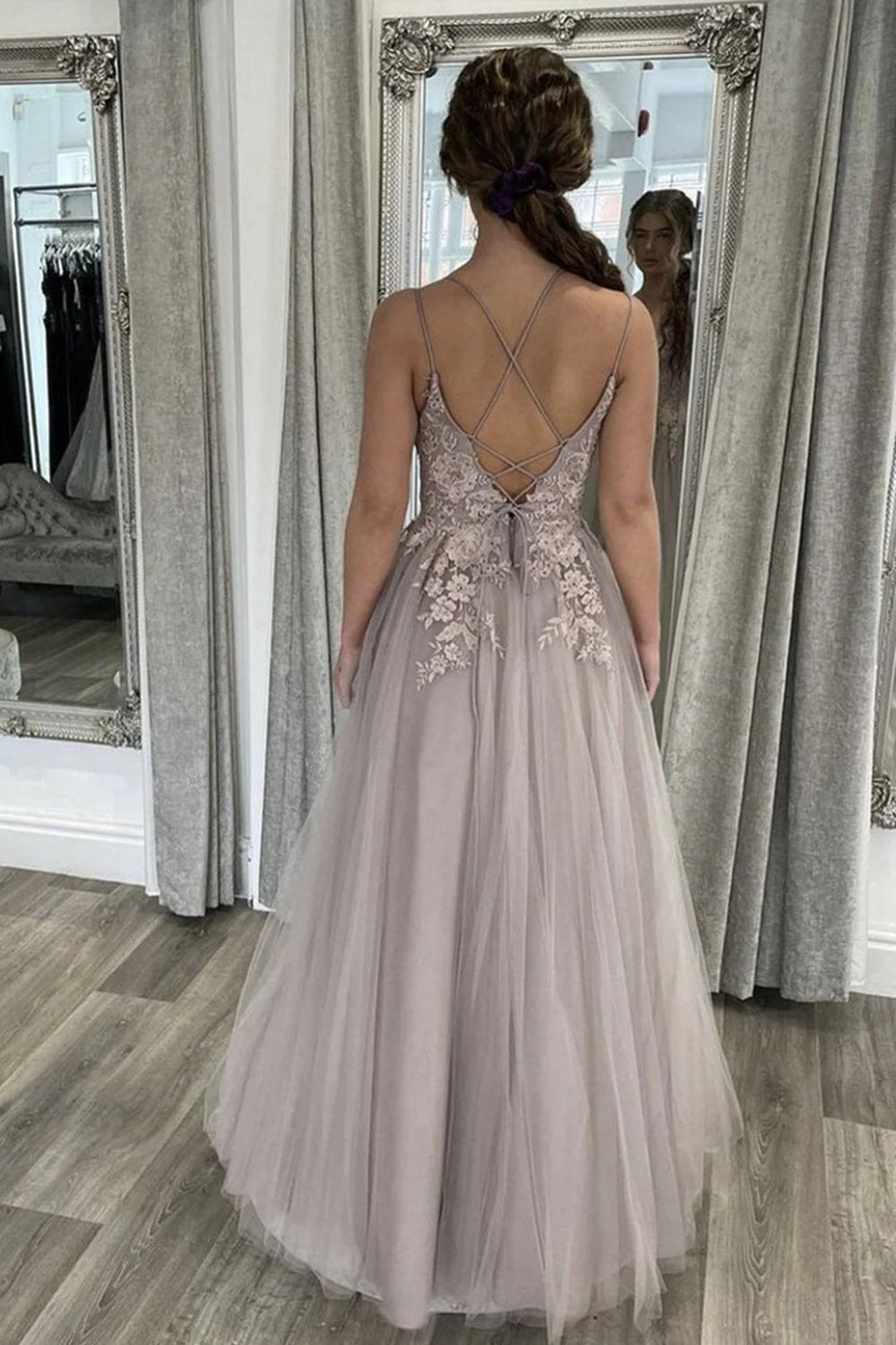 Elegant Backless Gray Lace Long Prom Dress with Thin Straps Open Back Gray Formal Dress Gray Lace Evening Dress