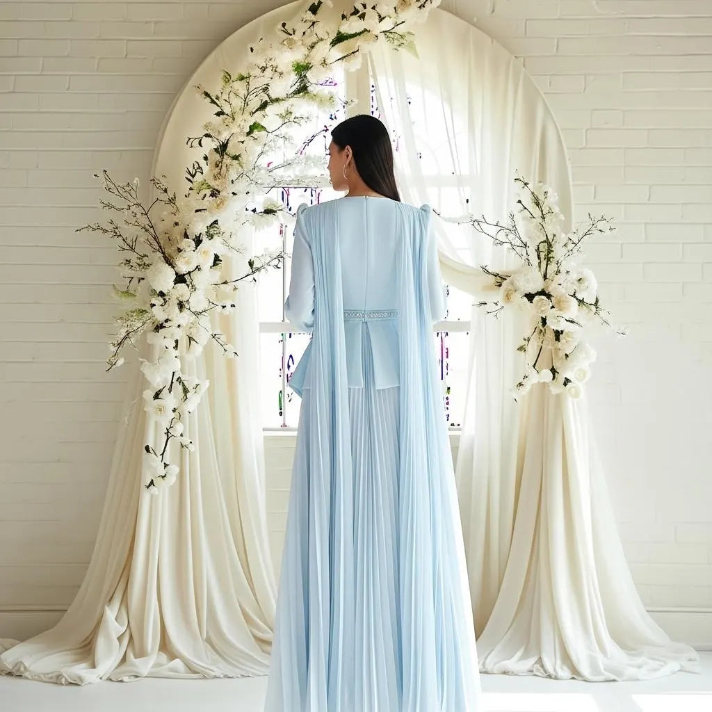 Elegant A-Line Crew Neck Long Sleeve Beaded Trim Pleated Skirt Evening Dress