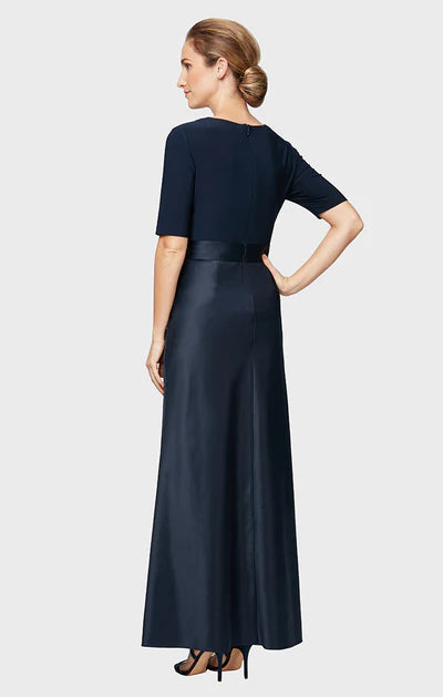 Elegant A-Line Wrap V Neck Half Sleeve Plain Zip Back Satin Sash Maxi Mother Of The Bride Dress