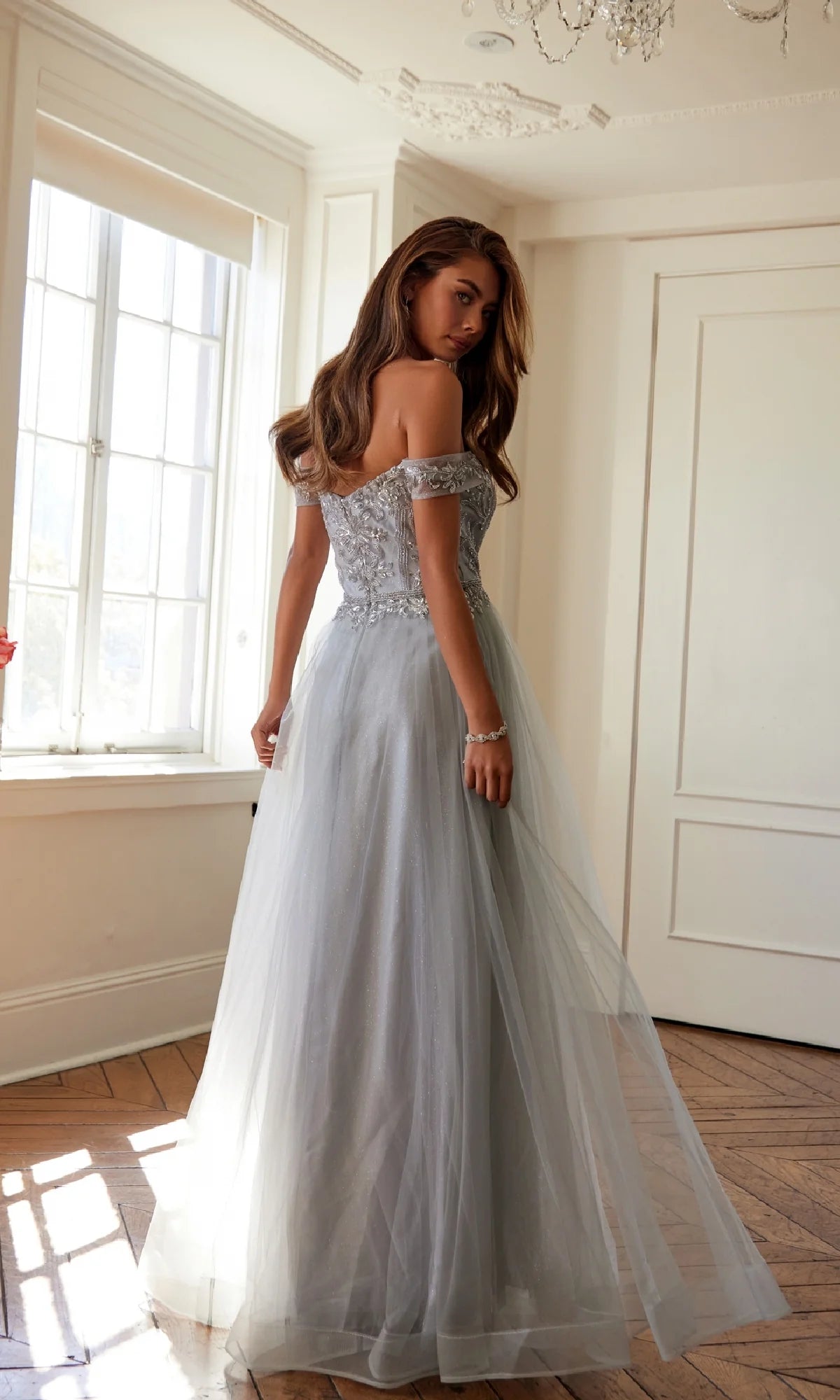 Elegant Beaded Off-Shoulder Ball Gown Floor-Length Prom Dress with Tulle Skirt