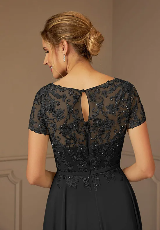 Elegant Black Chiffon A-Line Lace Illusion Short Sleeve Keyhole-Back Mother of the Bride Dress