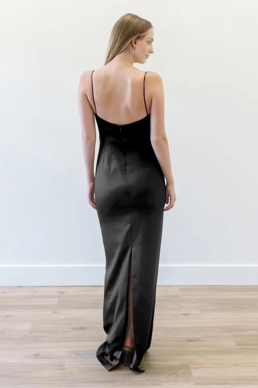 Elegant Black Square Neck Sleeveless Spaghetti Strap Back Slit Satin Floor-Length Evening Dress