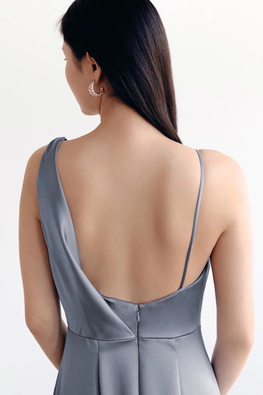 Elegant Cowl Neck Asymmetric Strap Open Back Satin Floor-Length Evening Dress