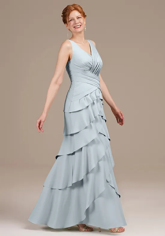 Elegant Dusty Blue Tiered Chiffon V-Neck Sleeveless Cross-Waist Floor-Length Mother of the Bride Dress