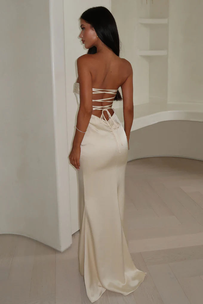 Elegant Form-Fitting Satin Strapless Rhinestone Crisscross Back Floor-Length Evening Dress
