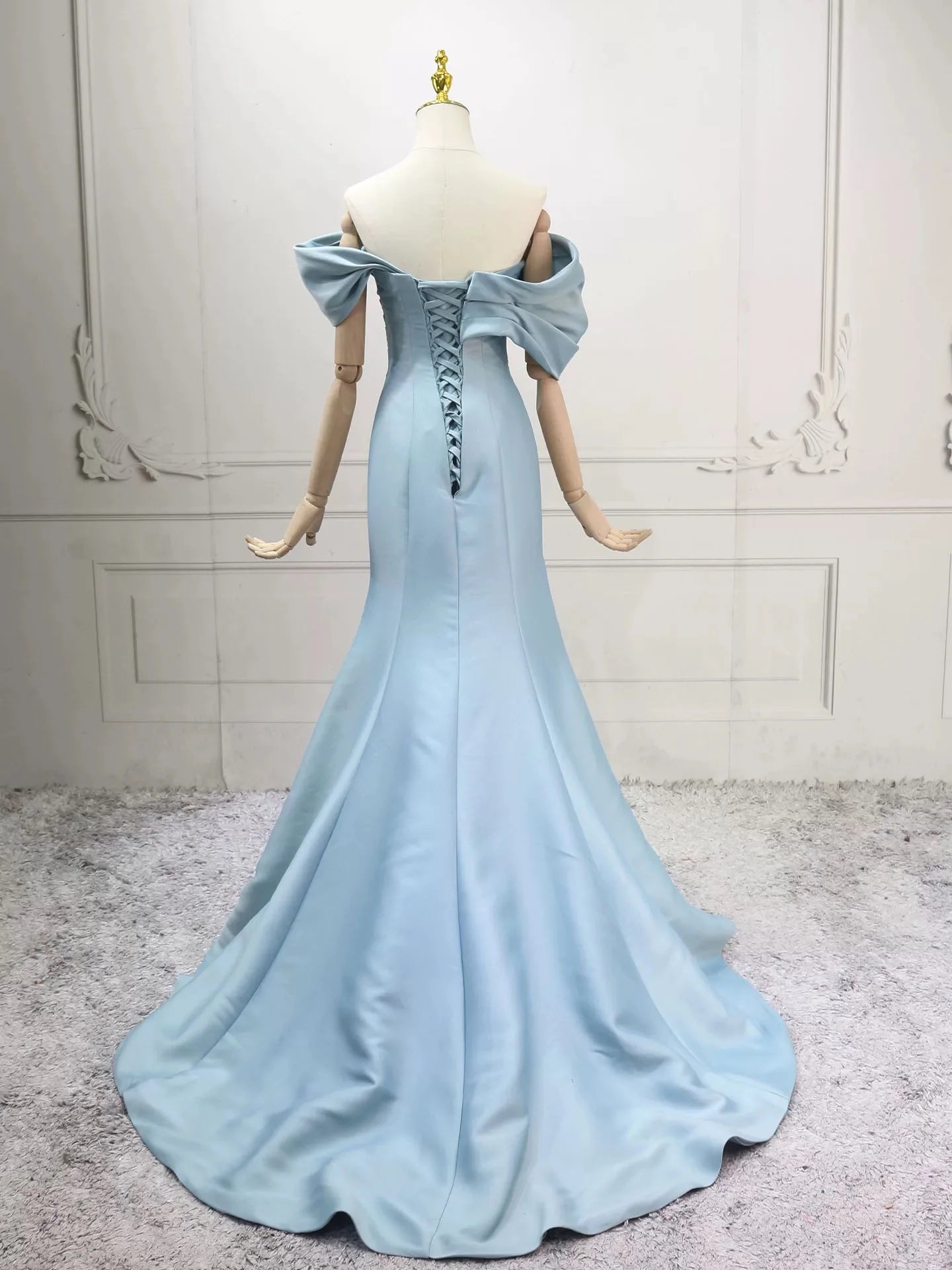 Elegant Light Blue Mermaid Off-the-Shoulder Corset Back Floor-Length Satin Prom Dress