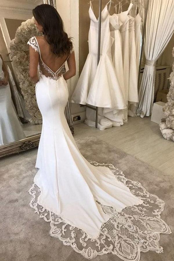 Elegant mermaid hat sleeve V-neck satin lace and floor length wedding dress