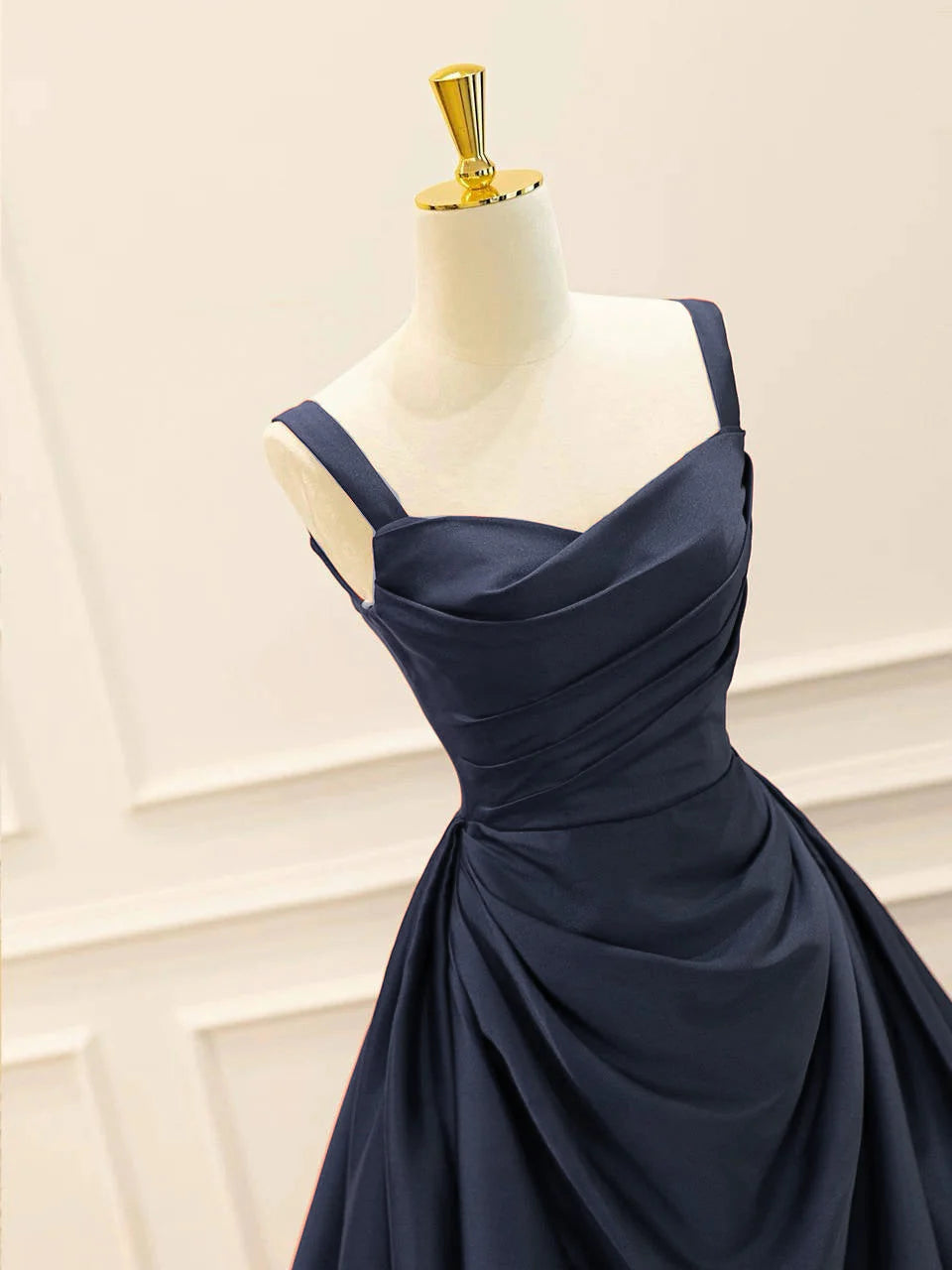 Elegant Navy Blue A-Line Sweetheart Wide Strap Lace-Up Back Prom Dresses