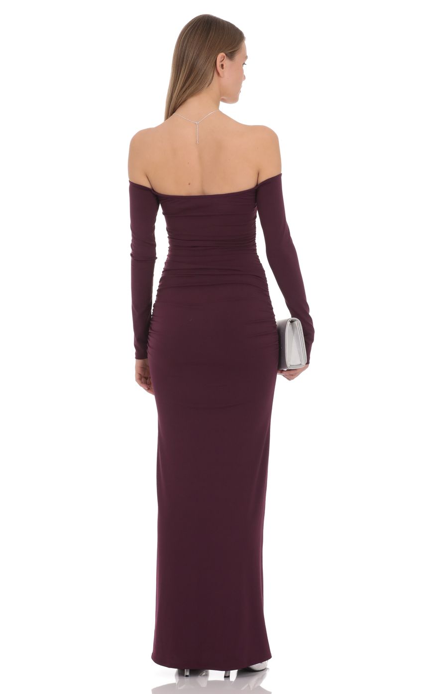 Elegant Plum Purple Off-Shoulder Evening Dress with Ruched Bodice & Long Sleeves