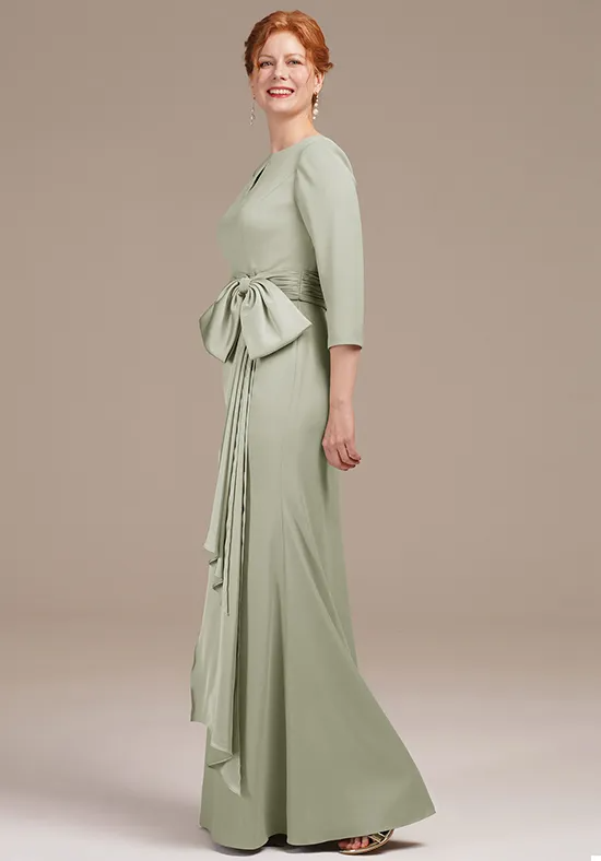 Elegant Sage Green Satin Mermaid Keyhole Neck 3/4 Sleeve Bow Waist Floor-Length Mother of the Bride Dress