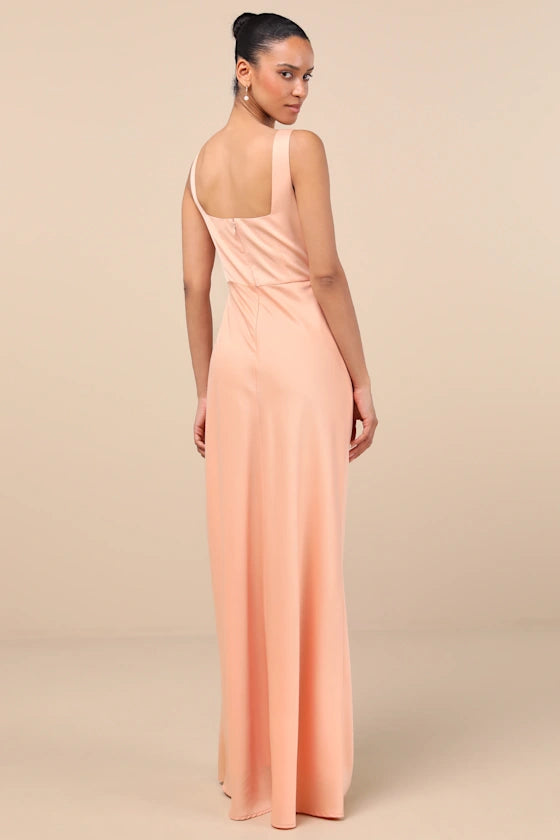 Elegant Satin Evening Dresses with Square Neckline, Ruched Waist Detail, Daring High Slit and Flowing Maxi Silhouette Formal Gown