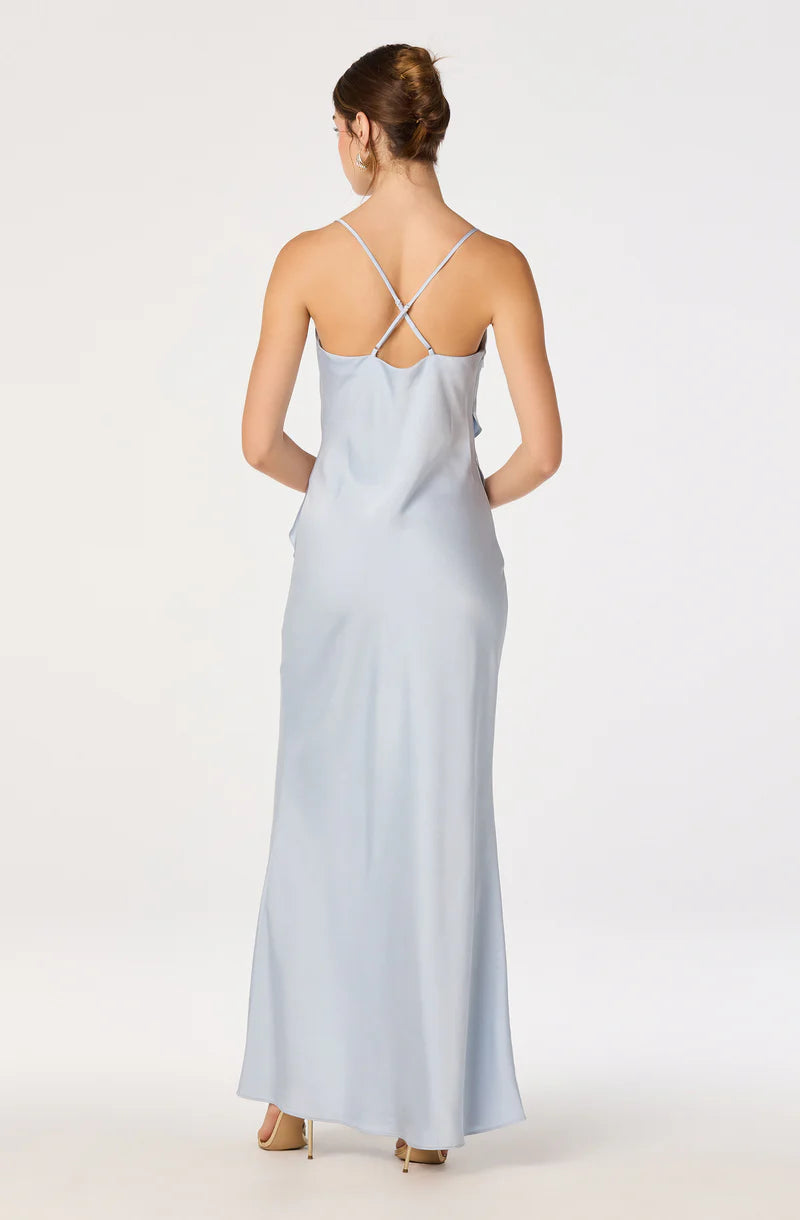 Elegant Satin Sheath Cowl-Neck Spaghetti-Strap Open-Back Ruffle Maxi Evening Dresses