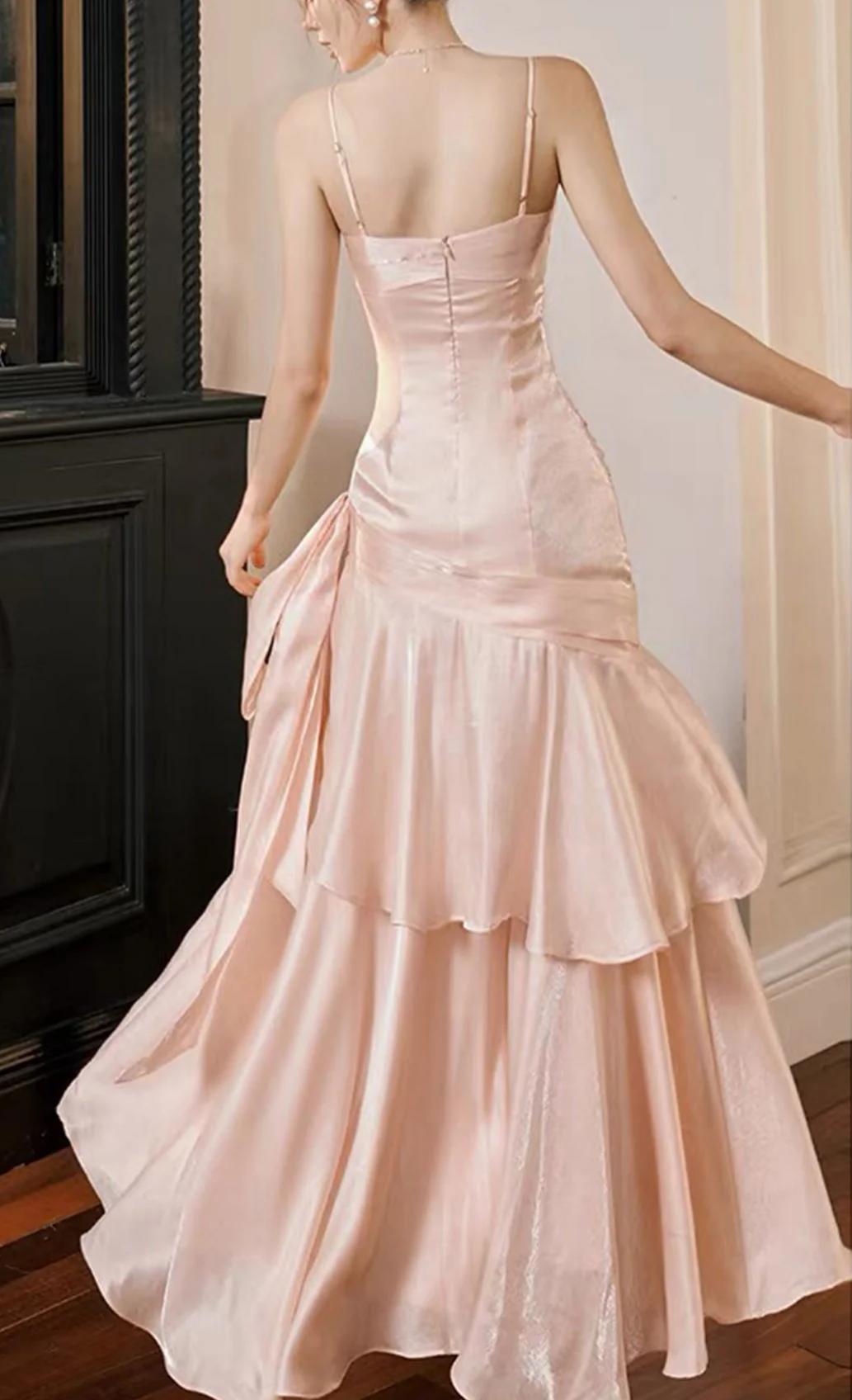 Elegant Shimmer Mermaid Spaghetti Strap Ruched Tiered Floor-Length Prom Dress