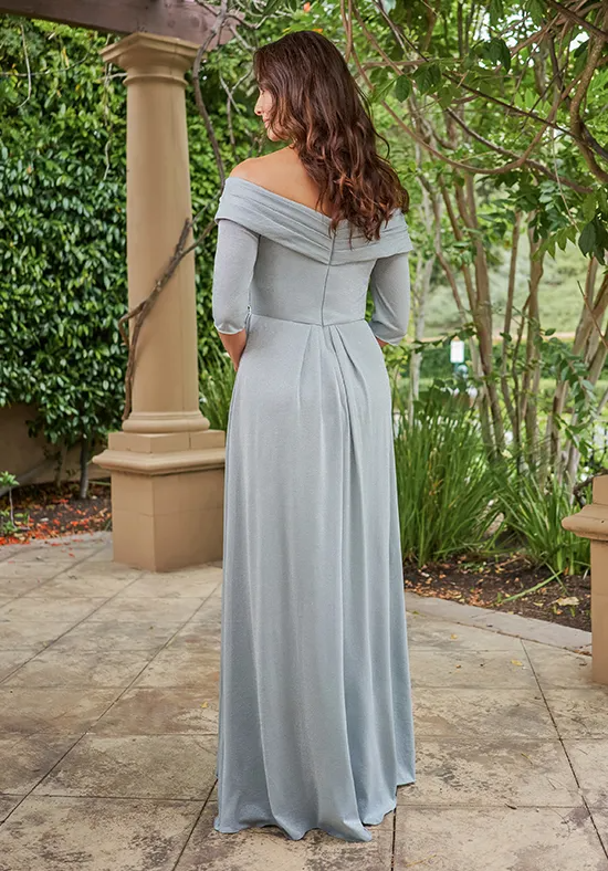 Elegant Silver Shimmer Off-the-Shoulder 3/4 Sleeve Draped Waist Floor-Length Mother of the Bride Dress