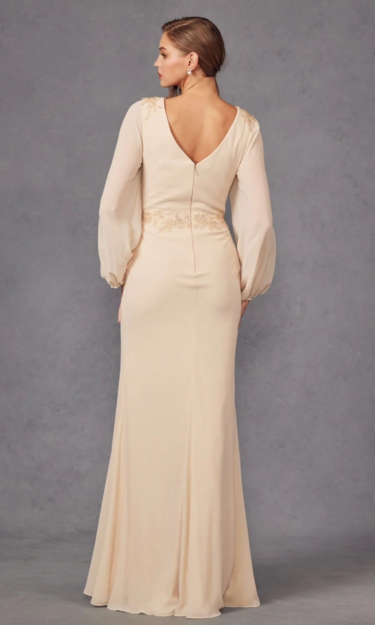Elegant Sophisticated Timeless Fitted Sheath V-Neck Long Blouson Sleeve Back V-Cut High Slit Ruched Floor-Length Beaded Lace Chiffon Evening Dresses