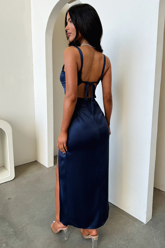 Elegant Spaghetti Strap Lace Bustier Open Back Satin Midi Evening Dress with High Slit