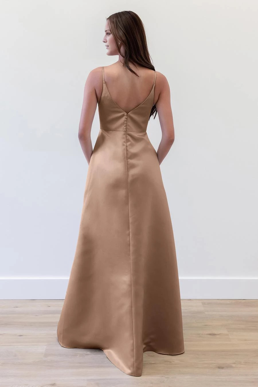 Elegant Tan Deep V-Neck Sleeveless Spaghetti Strap Satin Floor-Length Evening Dress