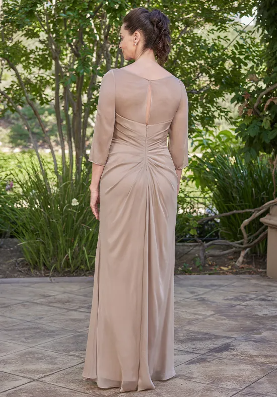 Elegant Taupe Chiffon Mermaid V-Neck 3/4 Sleeve Beaded Floor-Length Mother of the Bride Dress