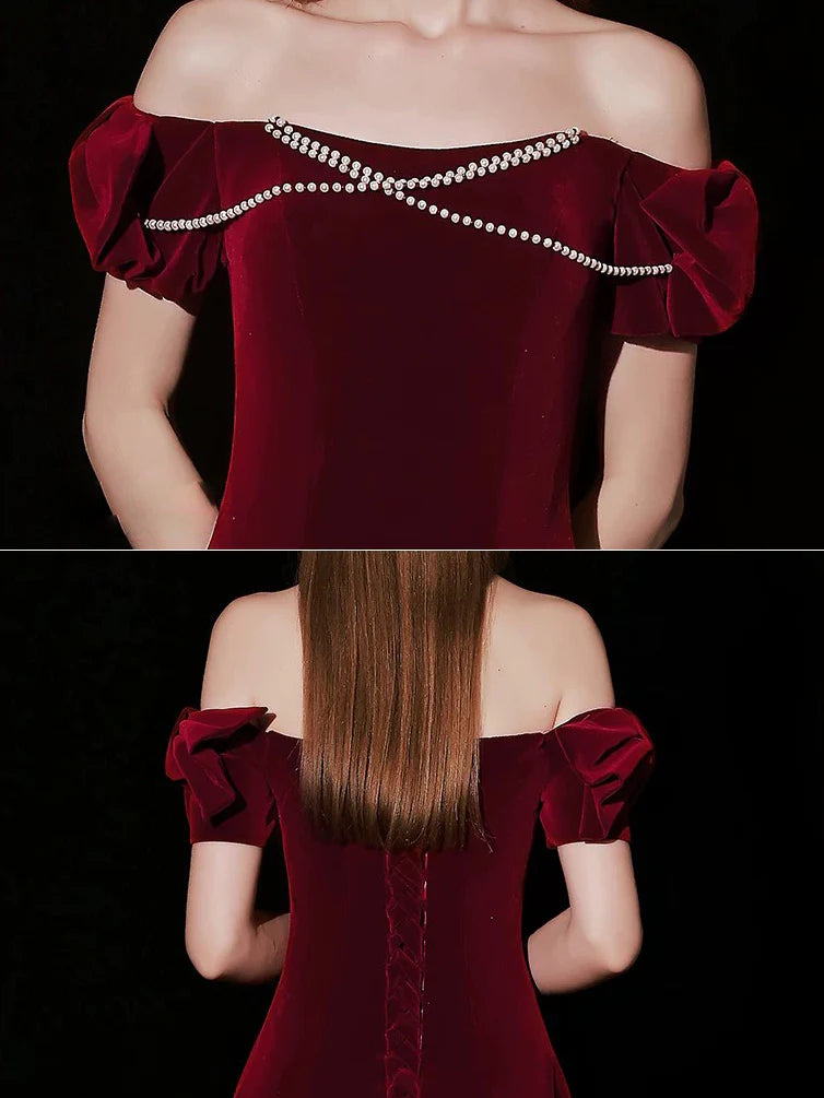 Elegant Vintage Fitted A-Line Off-the-Shoulder Puff Sleeve Back Lace-Up Floor-Length Prom Dresses