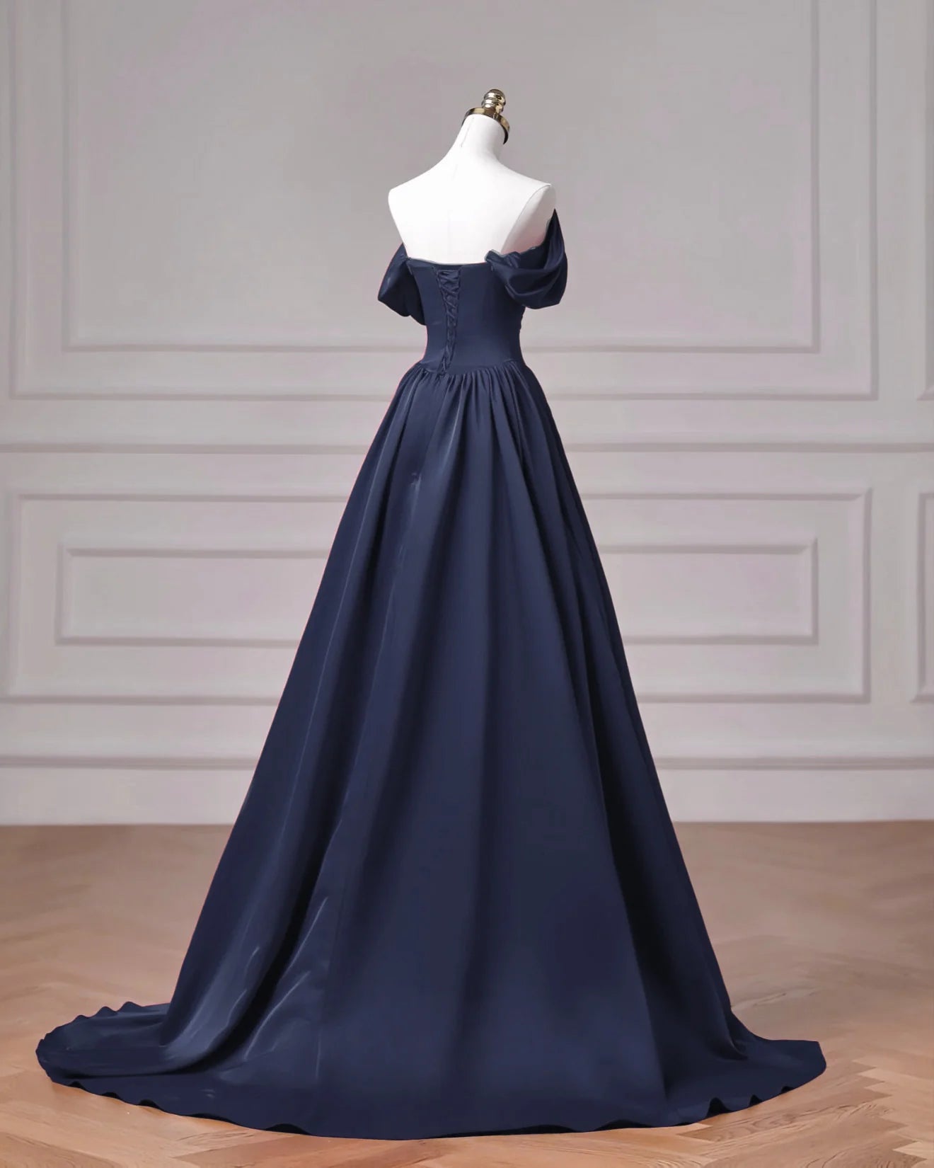 Elegant Vintage Fitted A-Line Off-the-Shoulder Puff Sleeve Back Lace-Up Floor-Length Prom Dresses