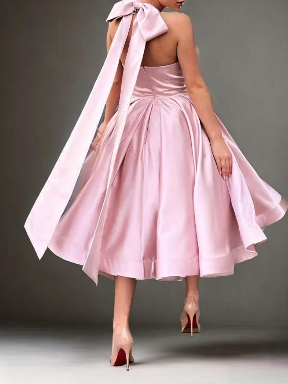 Elegant A-Line Halter Bow-Back Pink Tea-Length Evening Dresses