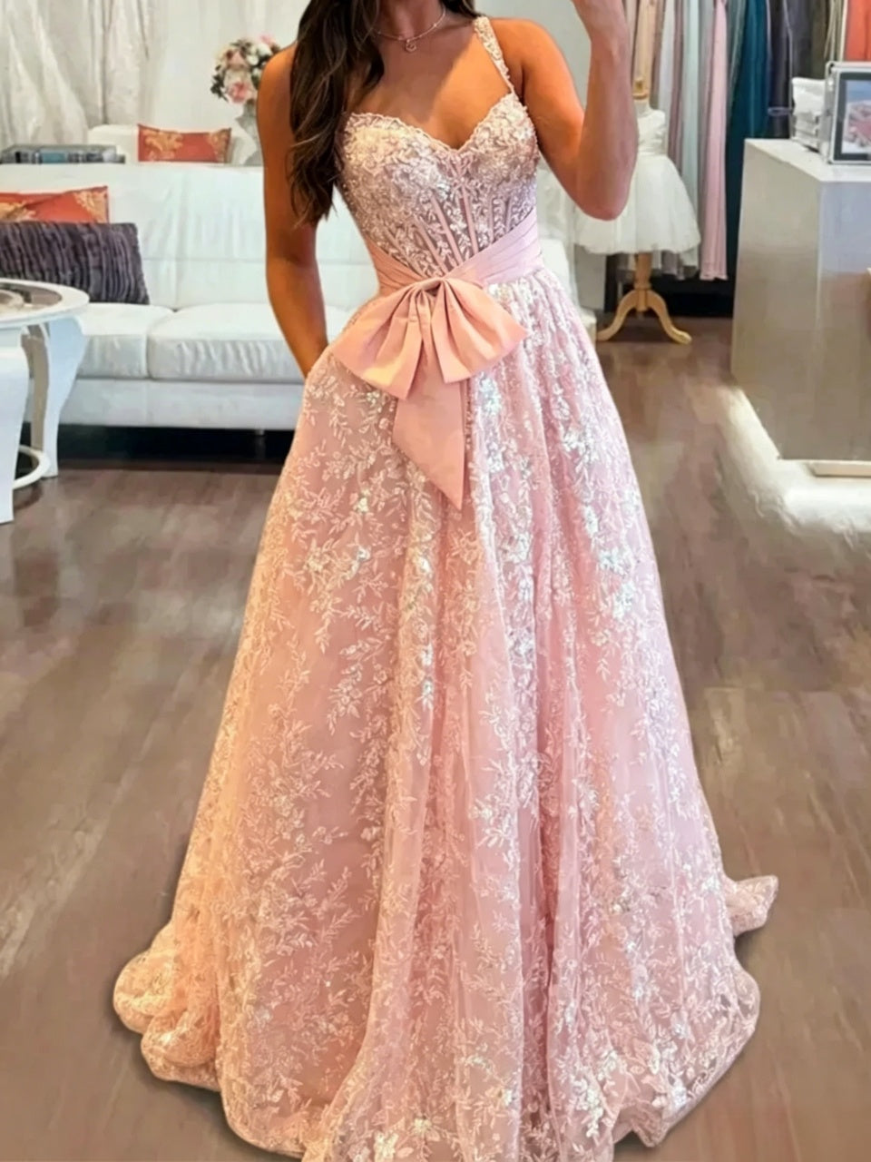 Elegant A-Line Sweetheart Sequin Embellished Bow-Accent Pink Floor-Length Evening Dresses