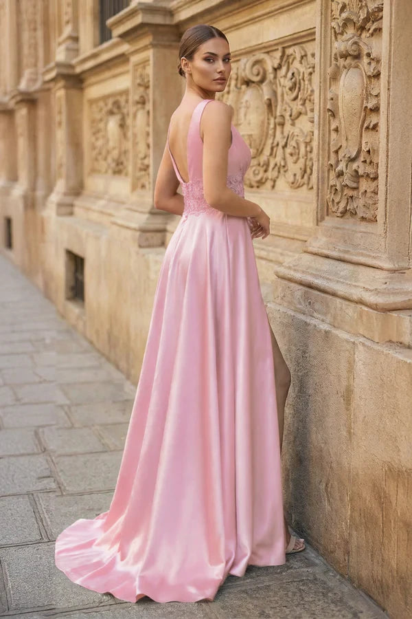 Elegant A-Line V-Neck Sleeveless Open Back Floor-Length High Slit Lace Bodice Satin Evening Dresses