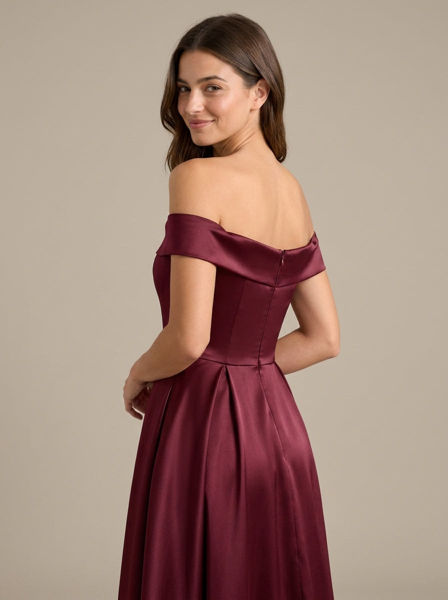Elegant A-line Off The Shoulder Sleeveless High Slit Floor Length Formal Evening Dress