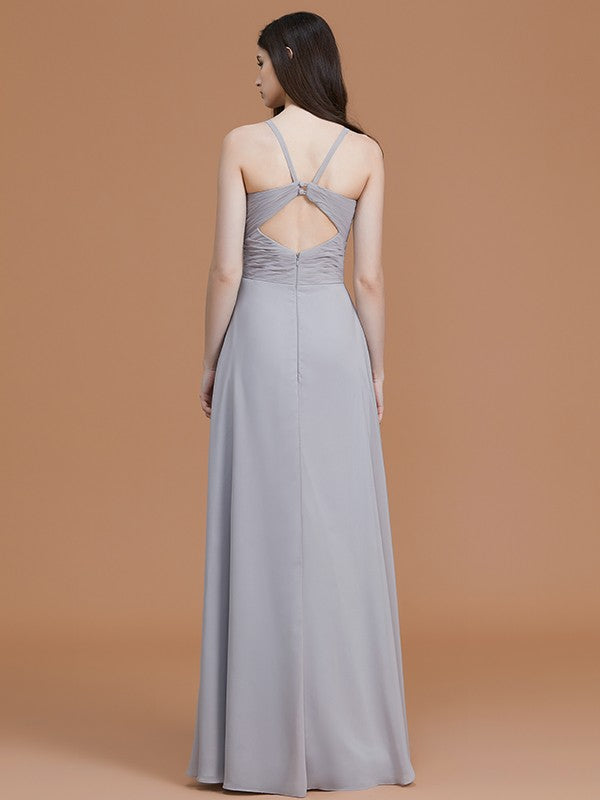 Elegant A-line V Neck Spaghetti Strap Keyhole Back Floor Length Bridesmaid Dress