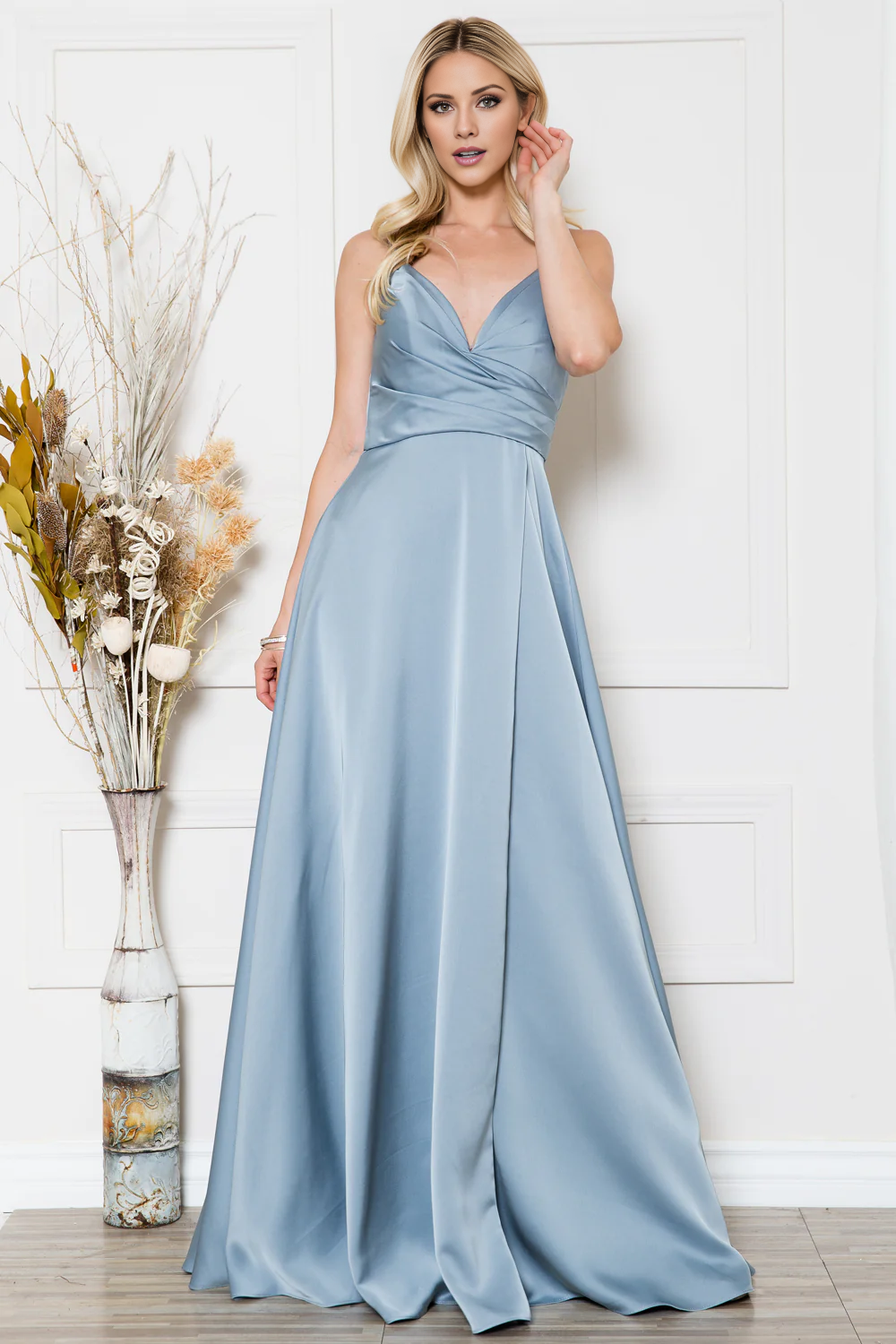 Elegant A-line V Neck Spaghetti Strap V Back High Slit Floor Length Evening Dress