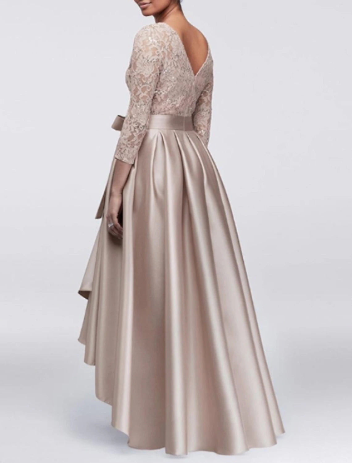 Elegant Champagne Sequin-Lace Satin A-Line Bateau-Neck 3/4-Sleeve V-Back High-Low Mother of the Bride Dress