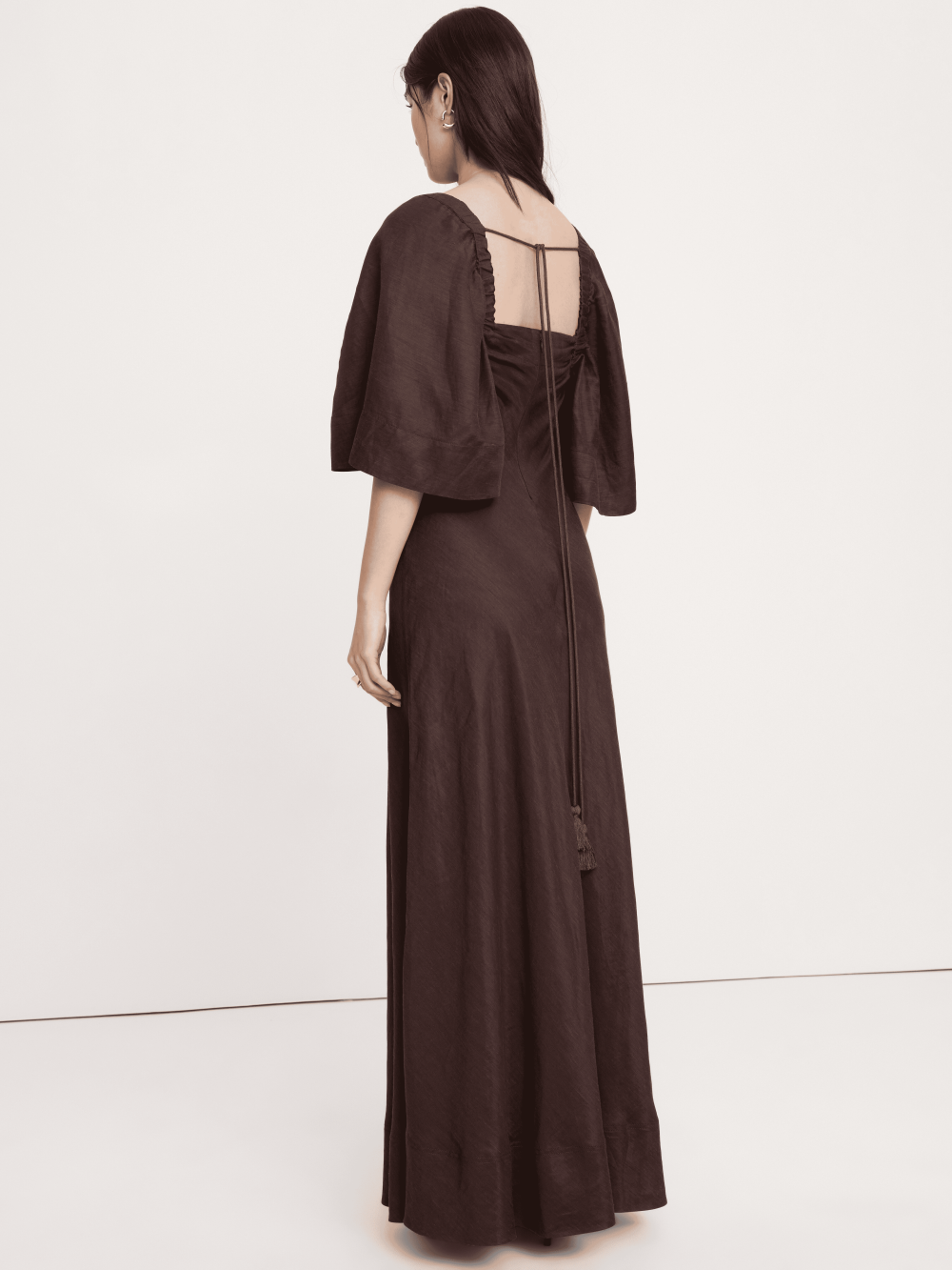 Elegant Linen A Line Square Neck Flounce Sleeve Tie Back Maxi Evening Dresses