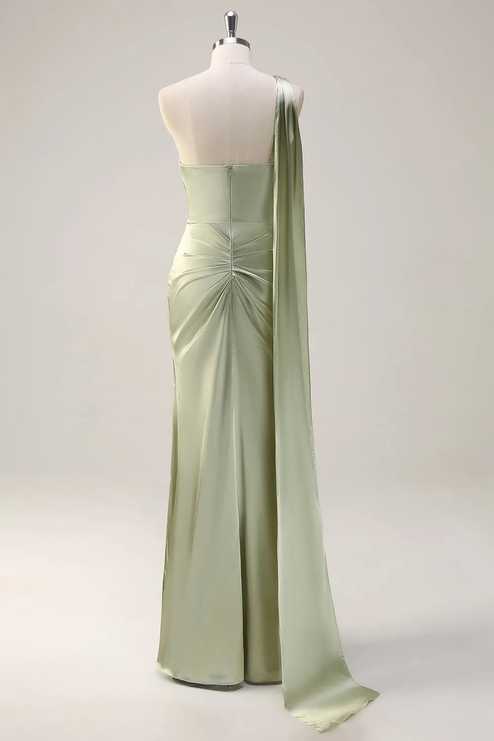 Elegant Satin Sheath One-Shoulder Ruched Detail Draped Sash Zipper Back Floor-Length Formal Evening Dresses