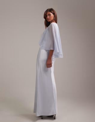 Elegant Two Piece Satin Chiffon Maxi Dress Round Neck Cape Sleeve Evening Dresses