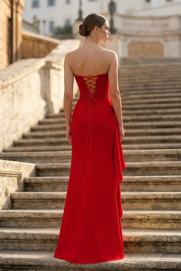 Elegant Vibrant Satin Mermaid Strapless Sleeveless Lace-up Back Floor-length Pleated Draped Evening Dresses