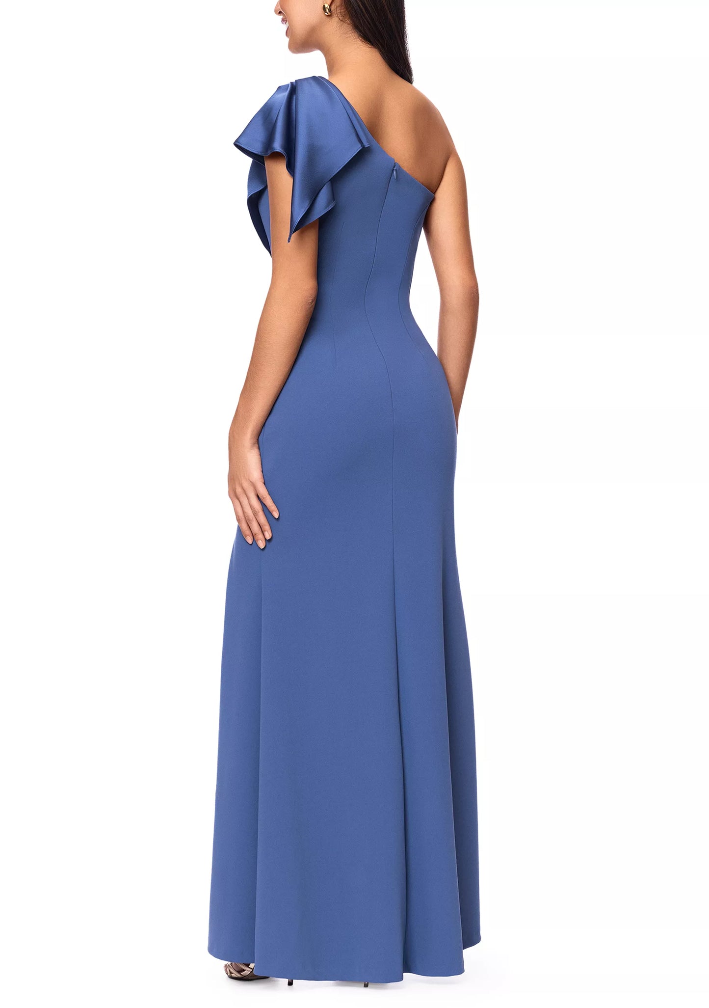Elegant one shoulder crepe evening dress with satin ruffle detail, ruched waist and high slit