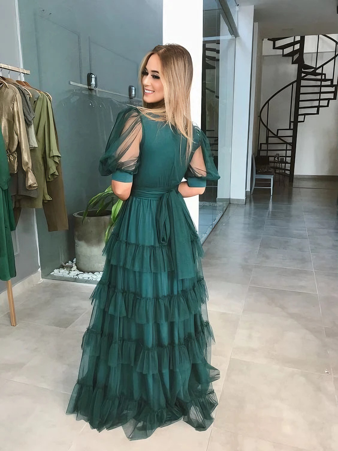 Emerald Green A-Line V-Neck Puff Sleeve Tiered Ruffle Back Tie Floor Length Prom Dresses
