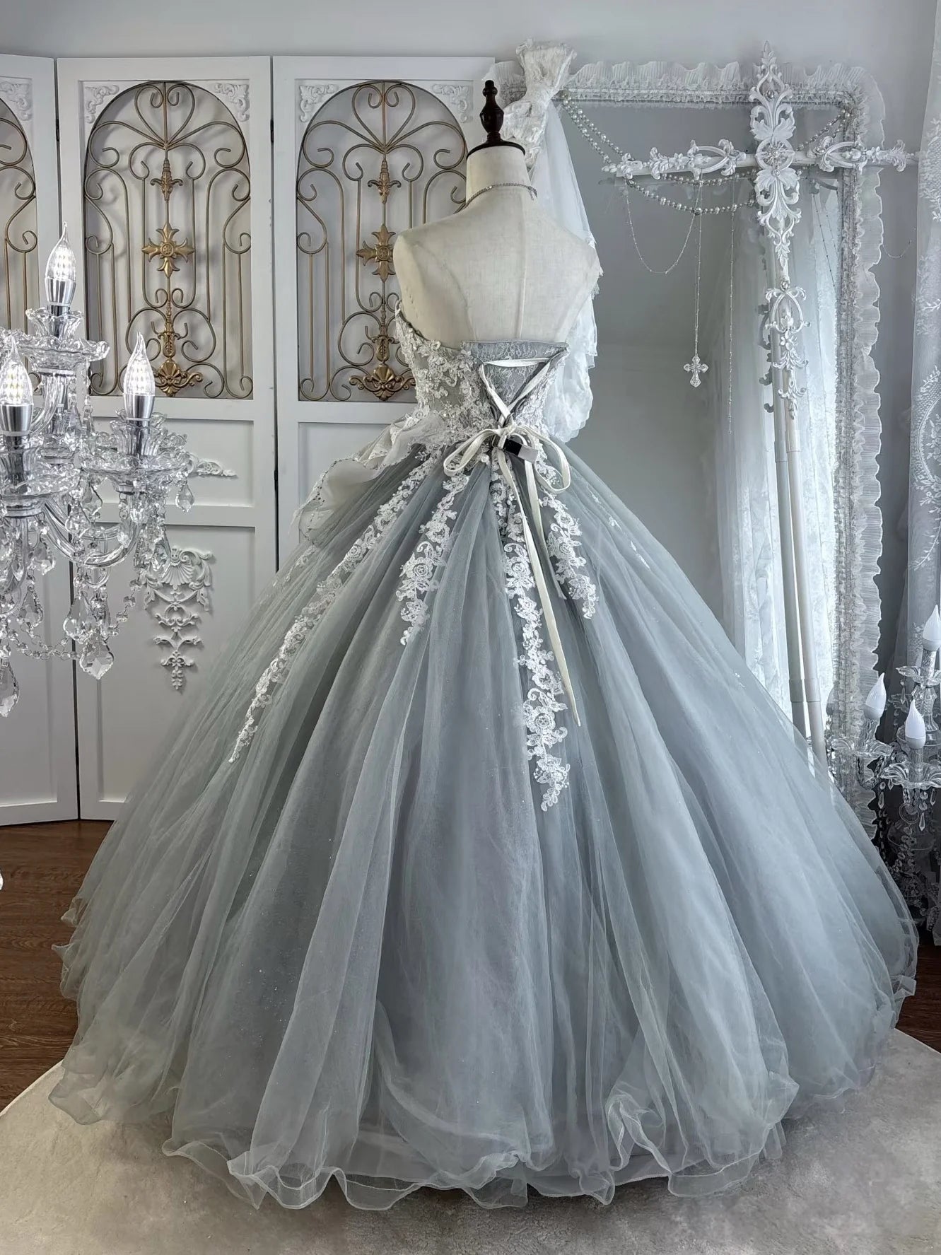 Enchanting Dusty Blue Tulle Ball Gown Sweetheart Neck Strapless Lace-Up Back Prom Dresses